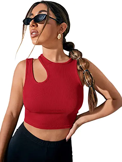 Photo 1 of [Size M] Verdusa Women's Cut Out Sleeveless Round Neck Slim Fitted Ribbed Tank Crop Top [Red]