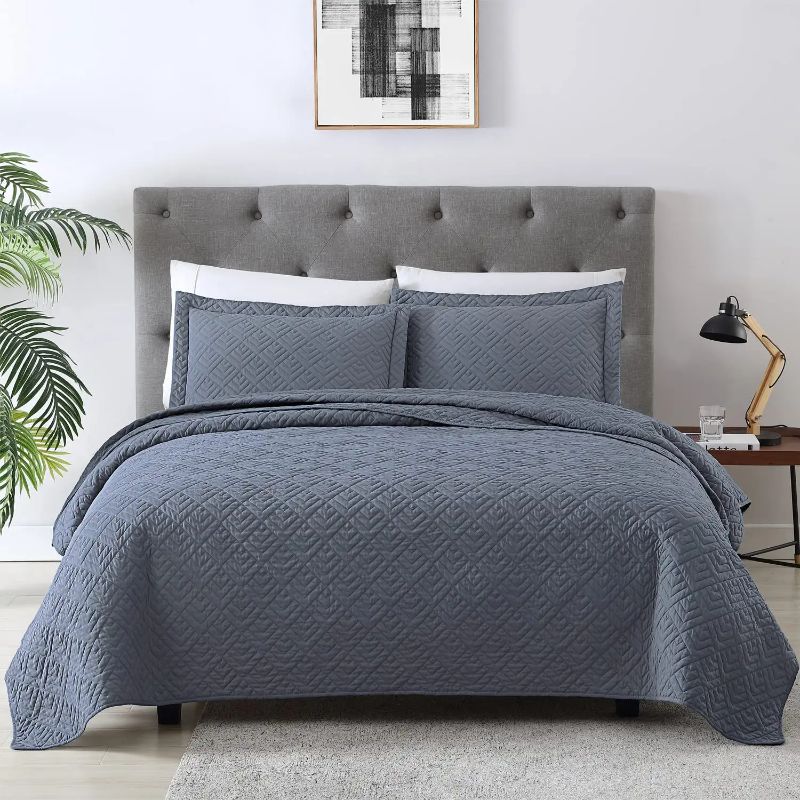 Photo 1 of [Full/Queen Size] EXQ Home Quilt Set- Blue 3 Piece, Lightweight Soft Coverlet 