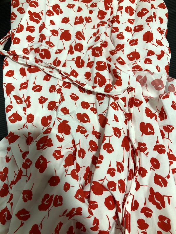 Photo 2 of [Size S] Naggoo Women's Summer Wrap V Neck Polka Dot Print Ruffle Short Sleeve Mini Floral Dress with Belt
