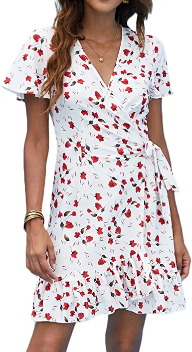 Photo 1 of [Size S] Naggoo Women's Summer Wrap V Neck Polka Dot Print Ruffle Short Sleeve Mini Floral Dress with Belt