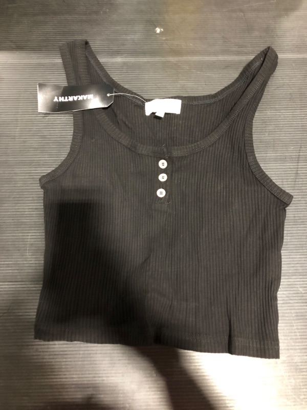 Photo 1 of [Size XS] MAKARTHY Women's Ribbed Knit Crop Tank Top Sleeveless Vest Button Front Belly Shirt [Black]