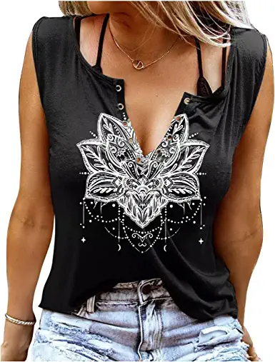 Photo 1 of [Size Womens Mandala Vintage Graphic Racerback Tank Tops Summer Casual Loose O-Neck Tanks Vest Vacation Classic-Fit Shirt Cami