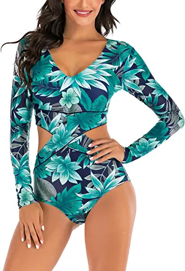 Photo 1 of [Size M] SEBOWEL Women Sleeveless Striped Print Zip Front Rash Guard One Piece Swimsuit 