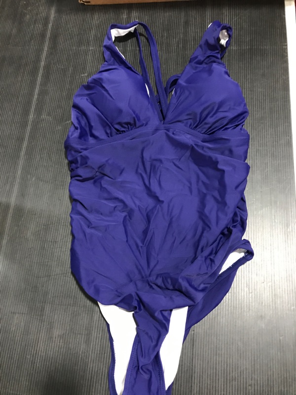 Photo 2 of [Size L] One Piece Swimsuit for Women Tummy Control Bathing Suit Ruched Front Cross [Blue]
