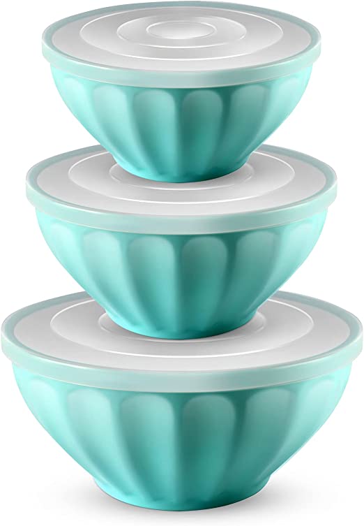 Photo 1 of 3pcs Mixing Bowls with Lids Set, Plastic Salad Bowls 1.5 | 2.4 | 3.5 QT, Nesting Serving Bowls [Turquoise]