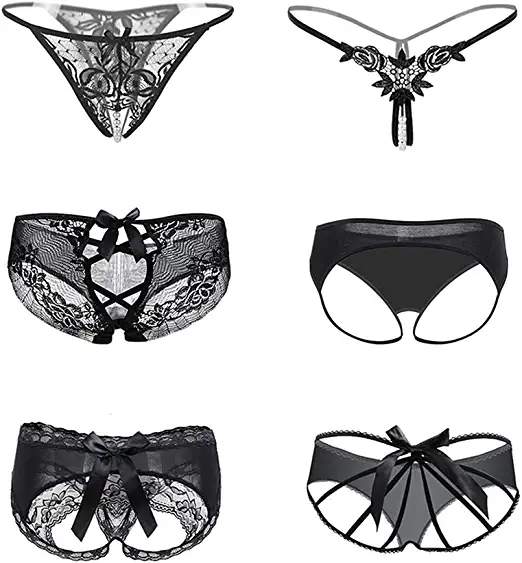 Photo 1 of [Size M] Black Lingerie Thongs for Women, Nightaste 6-Pack Sexy Assorted Floral Lace Bow-Knot T-string Panties [Black]