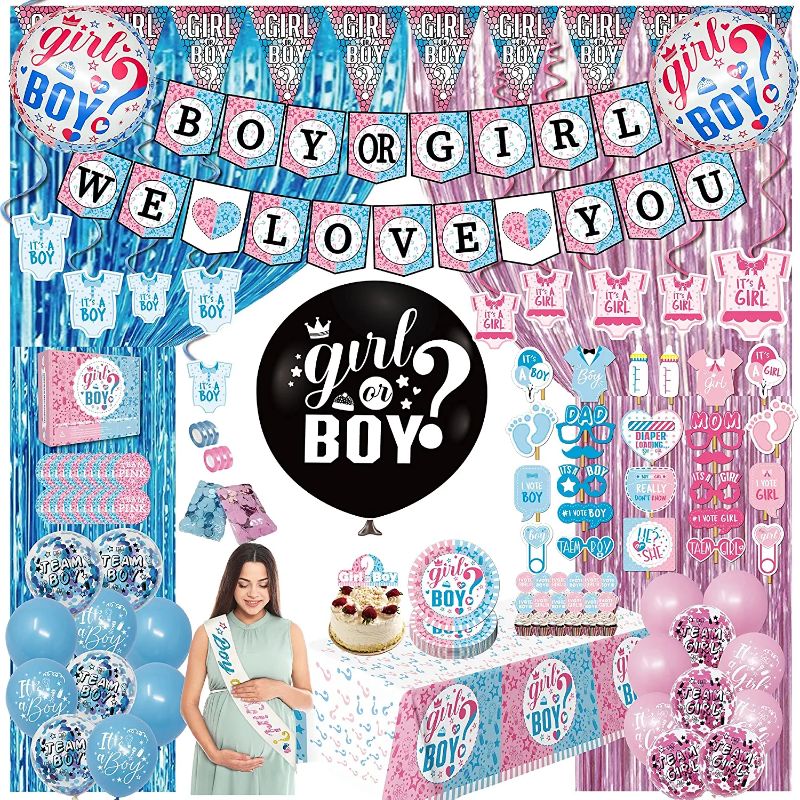 Photo 1 of (130pack) 36 Inch Reveal Balloon, Baby Shower Banner, Pennant, tablecloth, Foil Backdrops, cake Topper, plates, Foil Balloons and Boy Or Girl balloons, Photo Props, Sash, Sticker