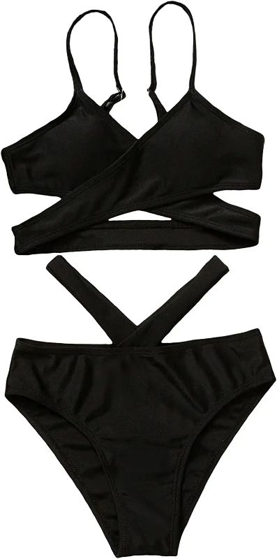 Photo 1 of [SIZE XL] Romwe Girl's 2 Piece Bikini Set Solid Criss Cross Wrap [Black]