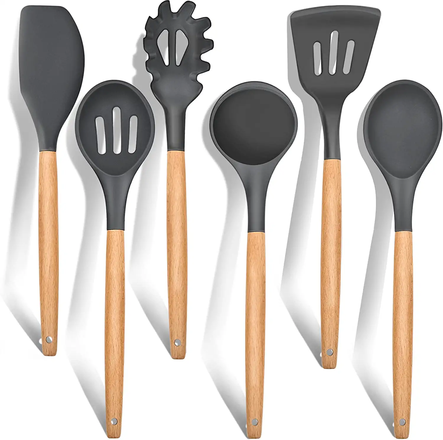 Photo 1 of 6 Pieces Silicone Cooking Utensils Set with Wood Handle, Nonstick and Heat Resistant Cooking Utensils- Grey