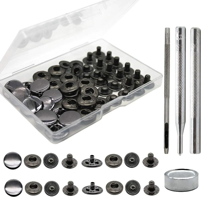 Photo 1 of 12 Sets Heavy Duty Leather Snap Fasteners Kit, 15mm Metal Snap Buttons Kit Press Studs with 4 Install Tools