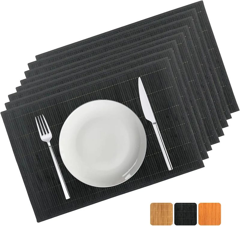 Photo 1 of ANDSTAR Set of 8 Pcs Bamboo Placemats with Fabric Border Sushi Rolling Mat Japanese Style Natural Anti-Slip Bamboo Placemats Washable Heat-Resistant Table Mats for Dining Room and Kitchen?Black?
