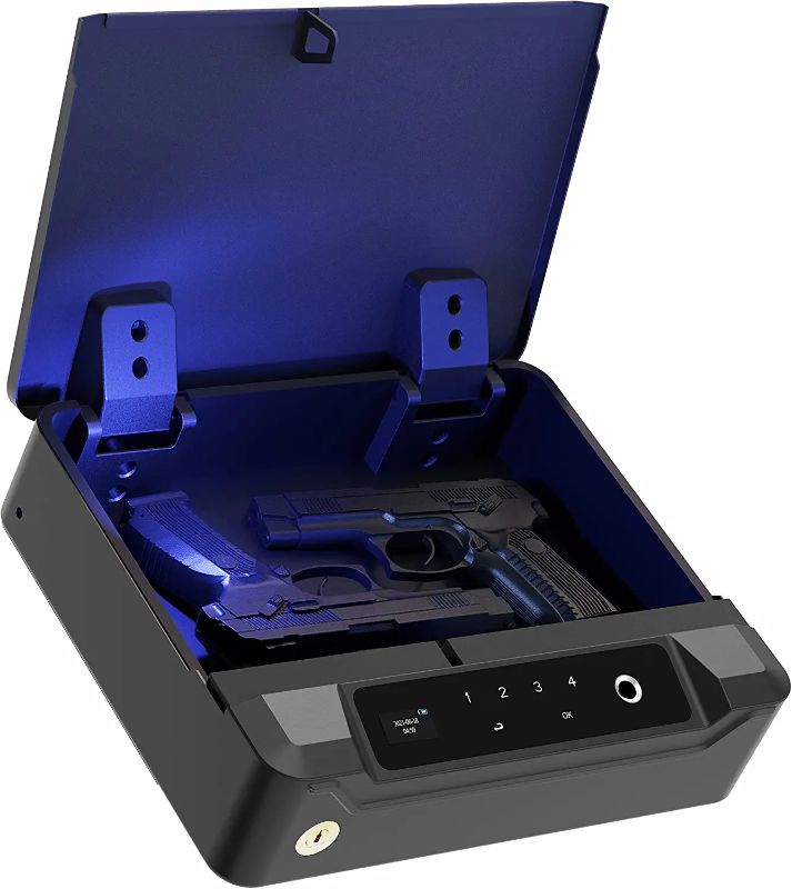 Photo 1 of Adoreal Biometric Gun Safe for Handgun, Sensitive Quick-Access Fingerprint Gun Safe for Pistols, Visible LCD Monitor Gun Locks Box for 2 Guns, Silent Touch Keyboard Sturdy Heavy Steel Construction
