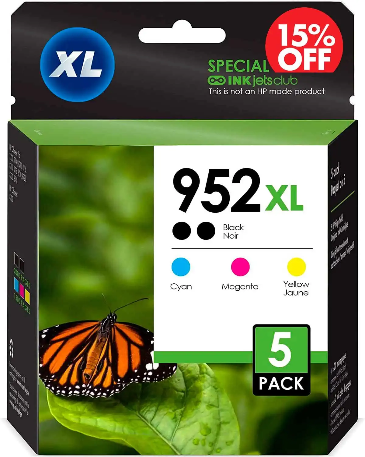 Photo 1 of HP 952 XL High Yield Compatible (5 Pack) Printer Ink Cartridges. 2X Black & 1 x Cyan / Magenta / Yellow. Works with HP Officejet Pro 7740 8210 8710 8715 Printers (Works with The New Update)
