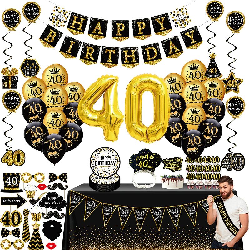 Photo 1 of 40th birthday decorations for men women - (76pack) black gold party Banner, Pennant, Hanging Swirl, birthday balloons, Tablecloths, cupcake Topper, Crown, plates, Photo Props, Birthday Sash for gifts
