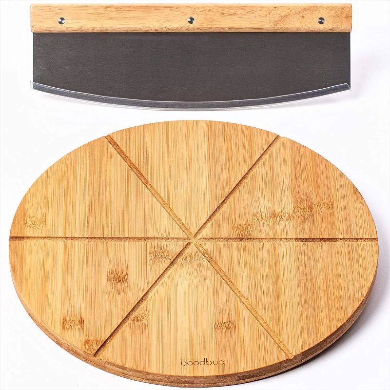 Photo 1 of Bamboo Pizza Board with Large Knife – Wood Pizza Peel – 13.5-inch Pizza Cutting Board Set for Uniform Slices – Steel Sharp Blade with Cover – Double-Sided Wooden Cutting Board
