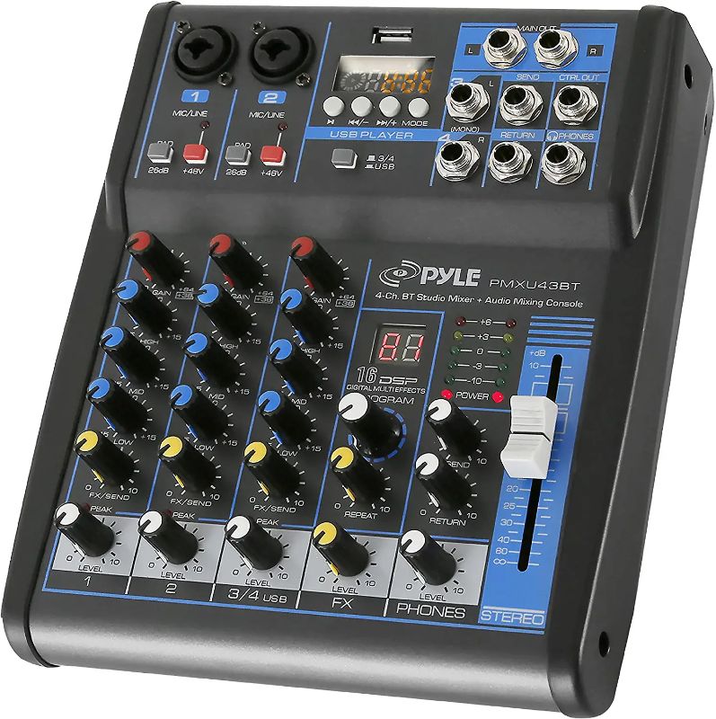 Photo 1 of Pyle Professional Audio Mixer Sound Board Console System Interface 4 Channel Digital USB Bluetooth MP3 Computer Input 48V Phantom Power Stereo DJ Studio Streaming FX 16-Bit DSP processor-PMXU43BT
