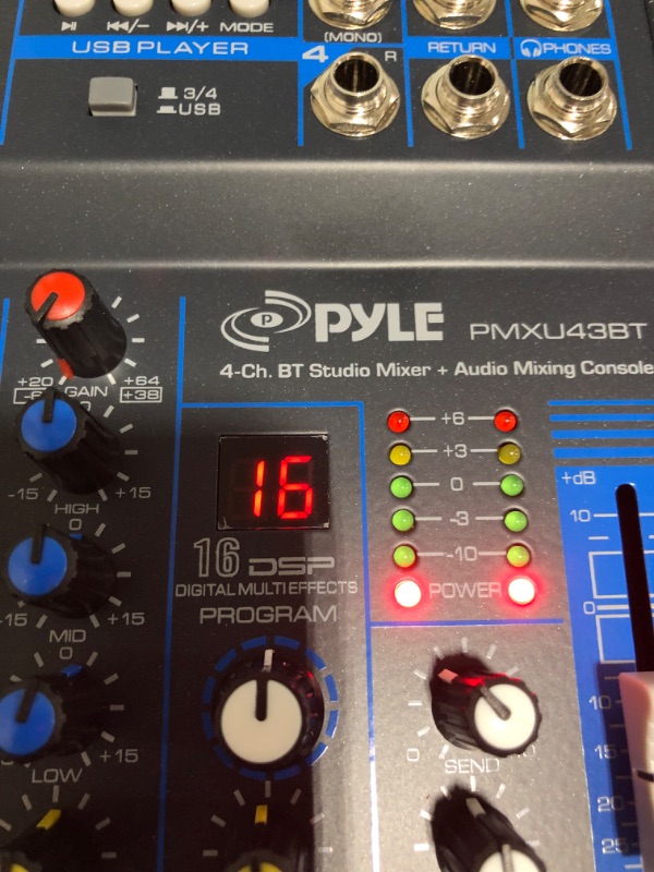 Photo 4 of Pyle Professional Audio Mixer Sound Board Console System Interface 4 Channel Digital USB Bluetooth MP3 Computer Input 48V Phantom Power Stereo DJ Studio Streaming FX 16-Bit DSP processor-PMXU43BT
