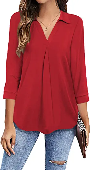 Photo 1 of [Size M] Newchoice Womens Collared V Neck 3/4 Sleeve Shirts Business Casual Tops Loose Work Blouses [Red]