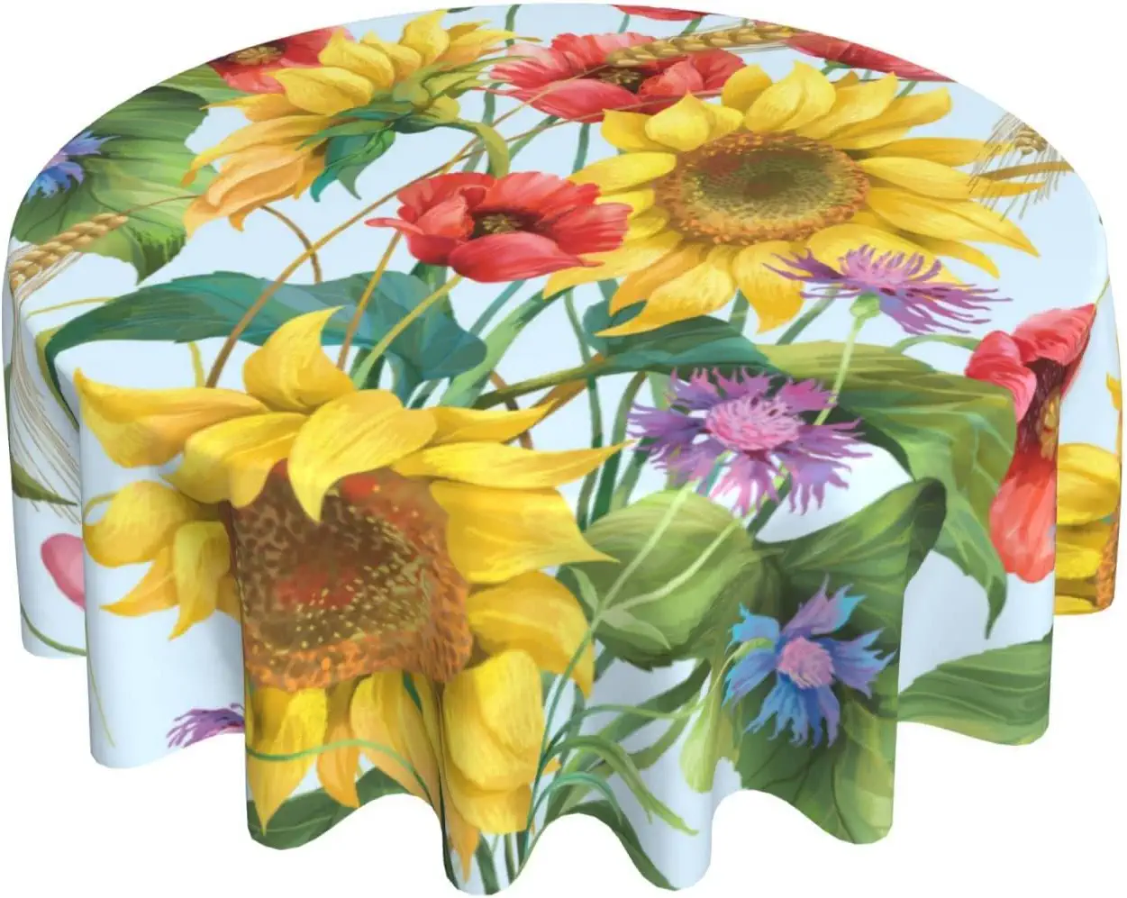 Photo 1 of Floral Round Tablecloth 60 Inch Sunflower Poppy Flower Decorative Teal Background Spring Round Table Cloth with Dust-Proof Wrinkle Resistant