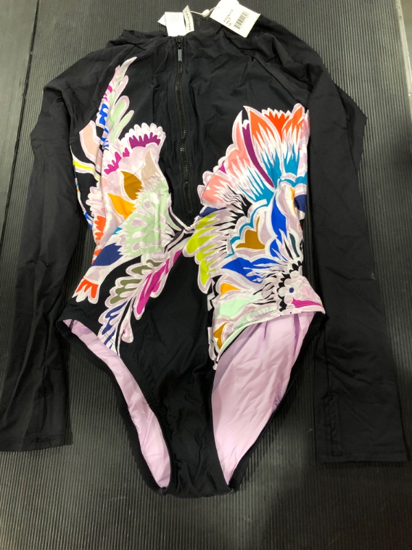 Photo 3 of [Size M] Trina Turk Women's One Piece Swimsuits Multi - Seychelles Zip-Front Long-Sleeve One Piece  [Black floral]