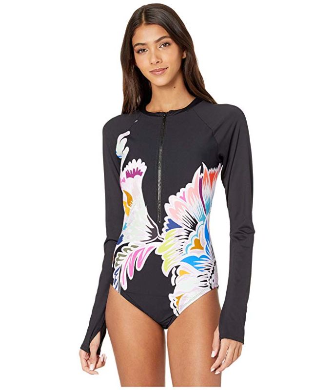 Photo 1 of [Size M] Trina Turk Women's One Piece Swimsuits Multi - Seychelles Zip-Front Long-Sleeve One Piece  [Black floral]