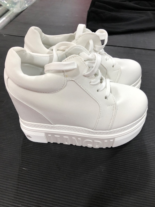 Photo 2 of [Size 7.5] ACE SHOCK Women Fashion Platform Sneakers High Hidden Heel Wedge Walking Shoes [White]