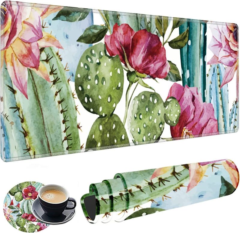 Photo 1 of Large Gaming Mouse Pad with Stitched Edges, Extended Mousepad with Cup Coaster [Cactus Flower]