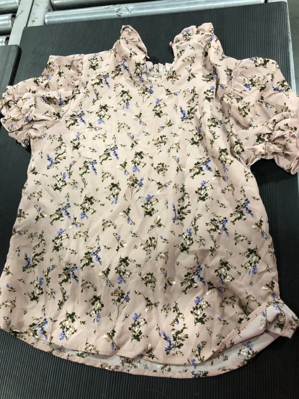 Photo 2 of [Size L] Romwe Women's Floral Print Ruffle Puff Short Sleeve Casual Blouse Tops