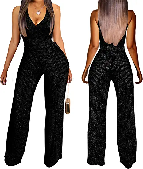 Photo 1 of [Size XL] SeNight Women Sparkly Jumpsuits Sexy Long Sleeve Elegant Mock Neck Shiny Straight Long Pants Rompers Club Night Outfits