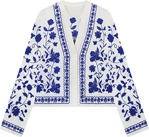 Photo 1 of [Size L]R.Vivimos Women's Summer Fall Cotton Long Sleeves Button Down Floral Embroidery Casual V-Neck Coat Jacket