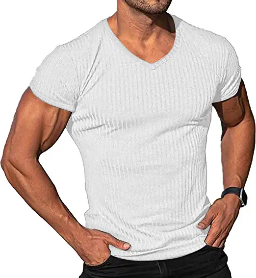 Photo 1 of [Size S] Men's Fashion Athletic T Shirt Workout Muscle Shirts V-Neck Solid Color Tee Shirt Top [White]