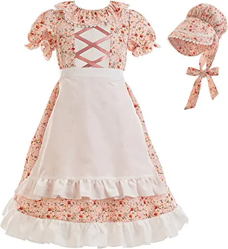Photo 1 of [Size S] FCCAM Pioneer Dresses for Girls Colonial Dress Costume Short Sleeve Prairie Dresses with Apron