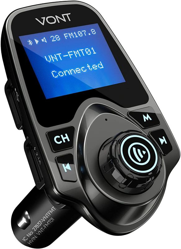 Photo 1 of Bluetooth FM Transmitter for Car [2022 Upgrade] Bluetooth Car Adapter Kit, Huge 1.44-inch Display, SD/TF Card Support, AUX Input, Compatible w/ All Smartphones, iPods, FM Transmitter Bluetooth
