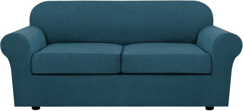 Photo 1 of 3 Piece Stretch Sofa Covers for 2 Cushion Sofa Couch Covers for Living Room Sofa Slipcovers Furniture Cover (Base Cover Plus 2 Seat Cushion Covers) Thicker Jacquard Fabric(Large Sofa, Deep Teal)
