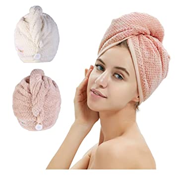 Photo 1 of 2 Pack Hair Towel Wrap,Hair Drying Towel with Button, Microfiber Hair Towel, Dry Hair Hat, Bath Hair Cap (Pink&Beige)
