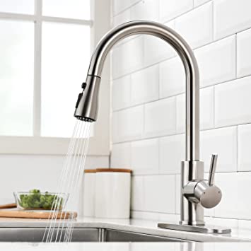 Photo 1 of APROMOOM Kitchen Faucet with Pull Down Sprayer Brushed Nickel for Kitchen Sink High Arc Single Hole Deck Mount Single Handle Faucets Stainless 