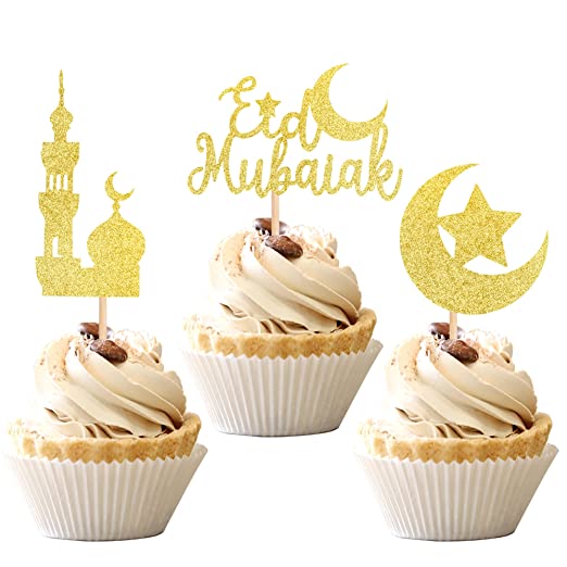 Photo 1 of 24 PCS Eid Mubarak Cupcake Toppers Gold Glitter Moon Star Ramadan Kareem Cupcake Picks for Eid Islamic Muslim Theme Party Cake Decorations Supplies
