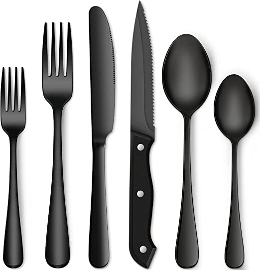 Photo 1 of 48-Piece Matte Black Silverware Set with Steak Knives for 8, Food-Grade Stainless Steel Flatware Set, Includes Spoons Forks Knives, Kitchen Cutlery For Home Office Restaurant Hotel
