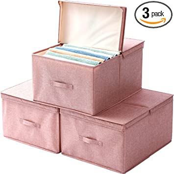 Photo 1 of 3 PACK Small Collapsible Storage Bins Pink Clothes Storage Bins with Lids for organizing Closet Organization Containers Baskets with Cover for Home Bedroom Closet Office(16.5"×9.8"×7“)
