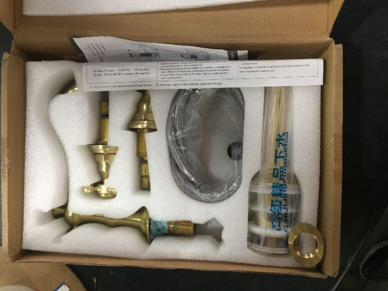Photo 1 of Brushed Gold Bathroom Faucet GGStudy 2 Handles 3 Holes Widespread Bathroom Sink Facuet Farmhouse Washingroom Faucet Mixer Tap