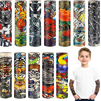 Photo 1 of 12 Pieces Tattoo Arm Sleeves for Kids Temporary Kids Tattoo Sleeve UV Sun Protection Kids Arm Sleeves (Rich Pattern) 1 SLEEVE MISSING

