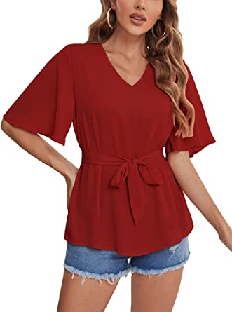 Photo 1 of JECEIKA Womens Long Sleeve V Neck Casual Blouses Ladies Tops Women Lartern Sleeve Petal Fashion Blouses xl
