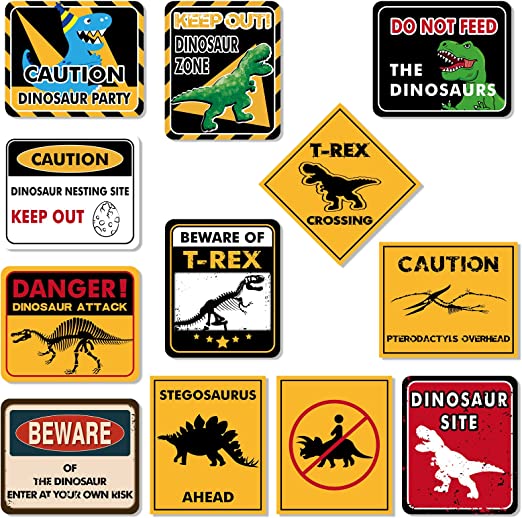 Photo 1 of Dinosaur Zone Party Decoration - 12 PCS Size 11.8'' Dino Party Supplies for Boys Kids Birthday Watercolor Dino Themed Party Wall Decor Large Warning Sign

