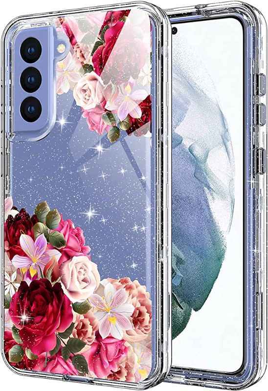 Photo 1 of ACKETBOX for Samsung S21 Fe Case, Hybrid Impact Defender Glitter Clear Sparkly Bling PC Back Case + Front Cover and TPU Full Body Cover for Samsung Galaxy S21 Fe 6.4 inch 5G (Flower)
