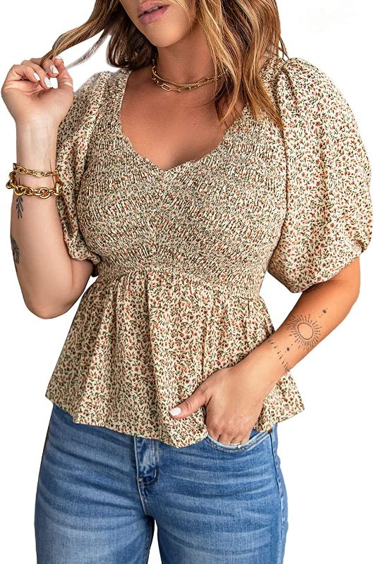 Photo 1 of Acelitt Womens Squared Neck Smocked Blouses Boho Floral Print Dressy Tops Bishop Slim Fit Shirts Blouses
(SIZE XL) 