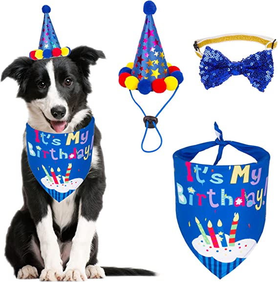 Photo 1 of ADOGGYGO Dog Birthday Party Supplies, Dog Boy Birthday Hat Bandana Bowtie Set for Small Medium Dogs Pets
