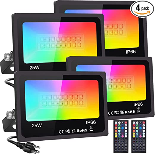 Photo 1 of RGB LED Flood Light 250W Equivalent, Monococo DIY 1000 Color Floodlight Remote Dimmable Waterproof Timing Indoor Outdoor Light for Halloween Christmas Party Stage Uplight Strobe Wall Spotlights 4 Pack
