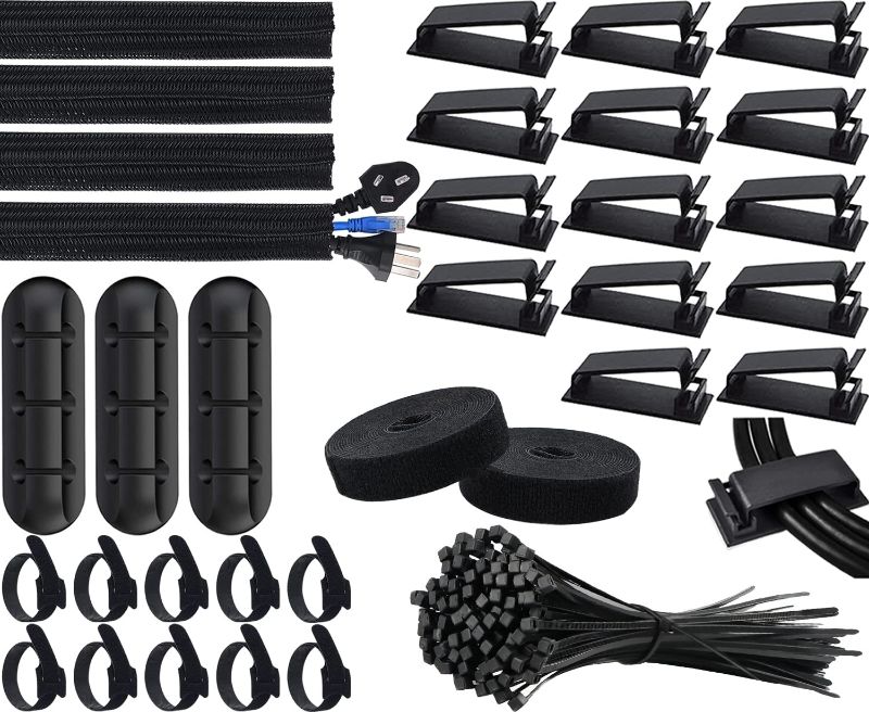 Photo 1 of SOULWIT Cable Management Kit, 4 Wire Organizer Sleeve, 3 Cable Holder, 10+2 Cable Organization Straps, 15 Large Cord Clips, 100 Cable Ties for TV PC Computer Under Desk Office