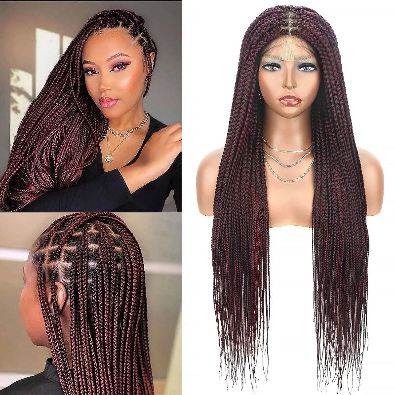 Photo 1 of Alebery 36" Full Lace Knotless Box Braided Wigs for Black Women Knotless Box Braids Lace Front Wig with Baby Hair Lightweight Synthetic Lace Frontal Burgundy Cornrow Twisted Braided Wigs (1B/BG)