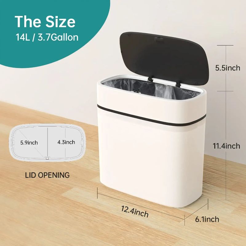 Photo 1 of 14 Litre Trash Can with Press Top Lid | 3.7 Gallons Black Plastic Garbage Bin | Slim Wastebasket for Bathroom, Kitchen, Toilet, Office, Room, Bedroom